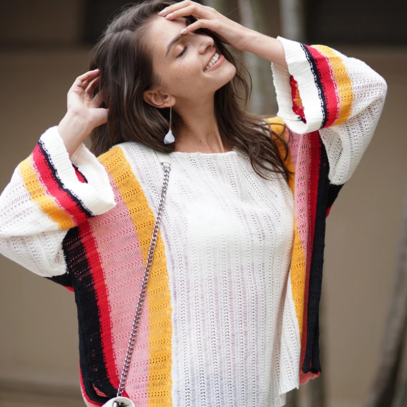 

Fashion Women's Sweater Autumn Rainbow Striped Sweater Sweater Women's Sweaters Pullover Loose Women's Clothing