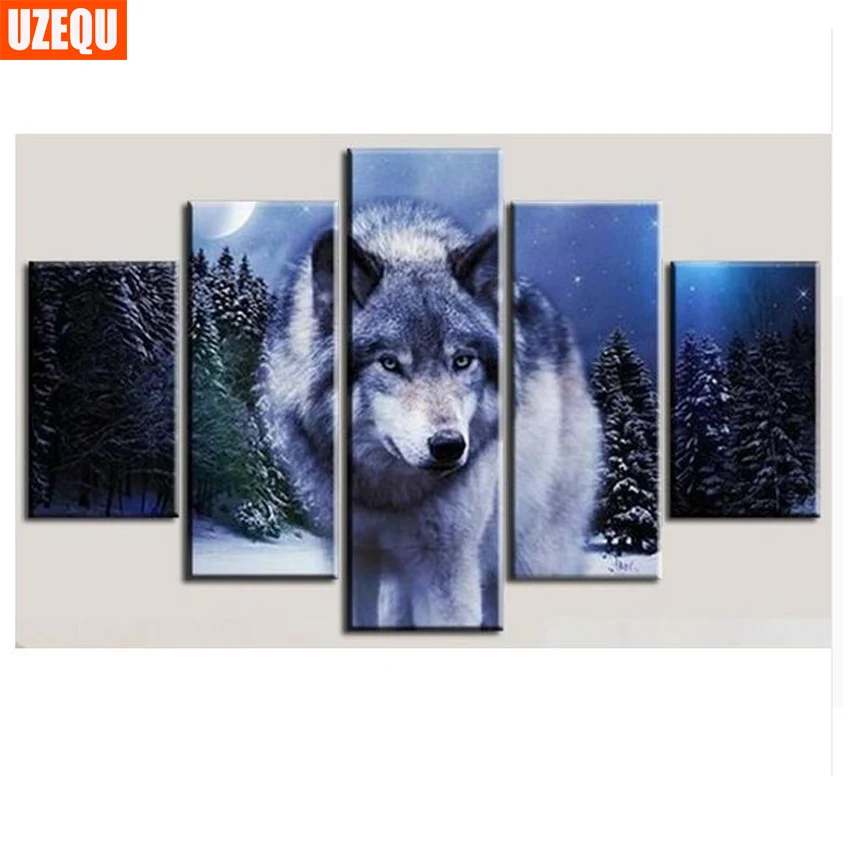 

UzeQu 5pcs 5D DIY Diamond Painting Cross Stitch Wolf Animal Multi-picture Diamond Embroidery Full Square Beads Painting Crafts