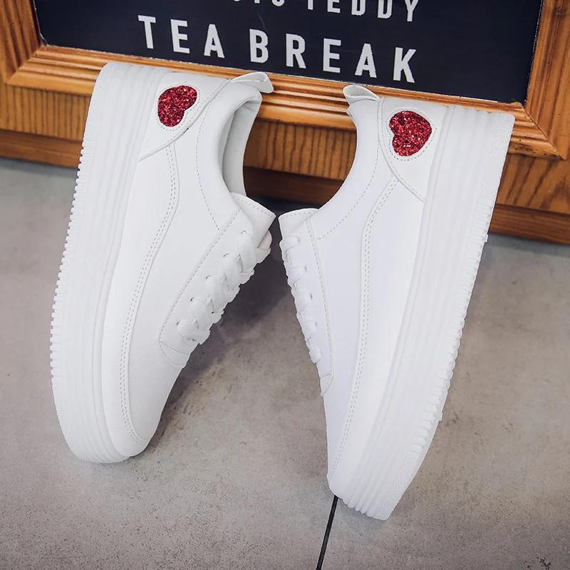 

Spring Women White Sneakers Fashion Glitter Heart Leather Platform Canvas Shoes Woman Casual Vulcanized Shoes Tenis Feminino