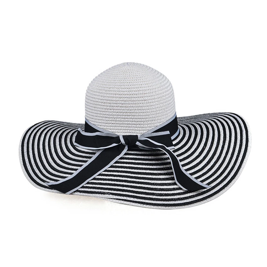 Женская летняя соломенная шляпа в черно-белую полоску с широкими большими полями, повседневная соломенная шляпа с УФ-защитой