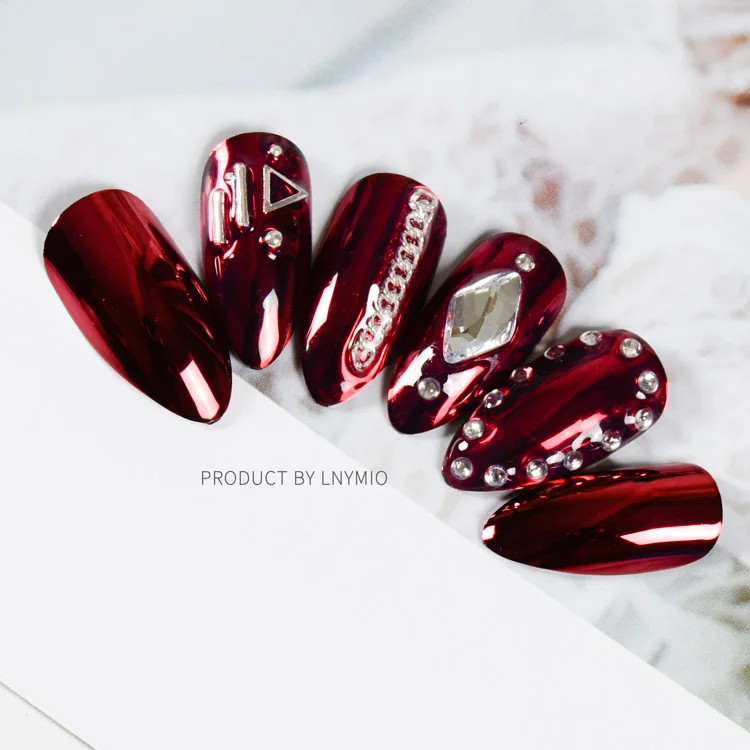 

Decoration metal fake nails red press on tips with silver color chain and shinning Rhinestone 24Pcs