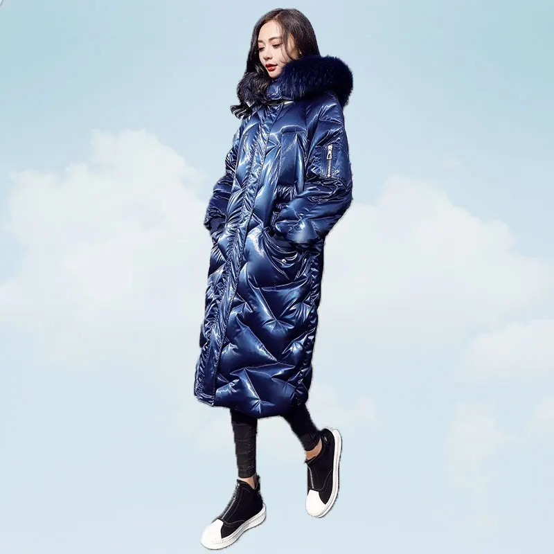 

2019 Winter Blue Jacket Bright Face Down Coat Hooded Women Parka Long Quality White Duck down Jacket Female Warm Outerwear TY390
