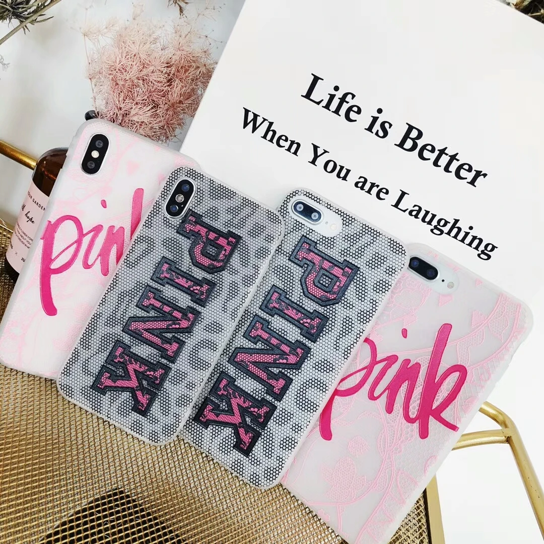 

Fashion Pink Color Victoria Lace Girls Phone Case for iPhone X 10 7 8 Plus 6 s 6S Luxury Soft TPU Silicon Protective Cover Capa