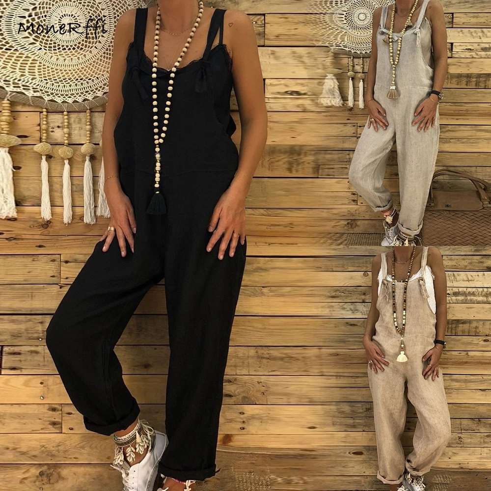 

MoneRffi 2019 Plus Size 5XL Large Jumpsuit For Women Loose Sleeveless Cotton Linen Overalls Summer Street Rompers