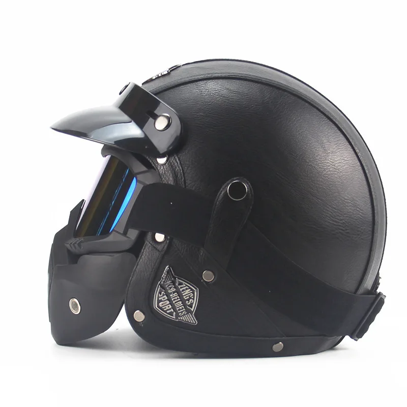 

Free shipping PU Leather Harley Helmets 3/4 Motorcycle Chopper Bike helmet open face vintage motorcycle helmet with goggle mask