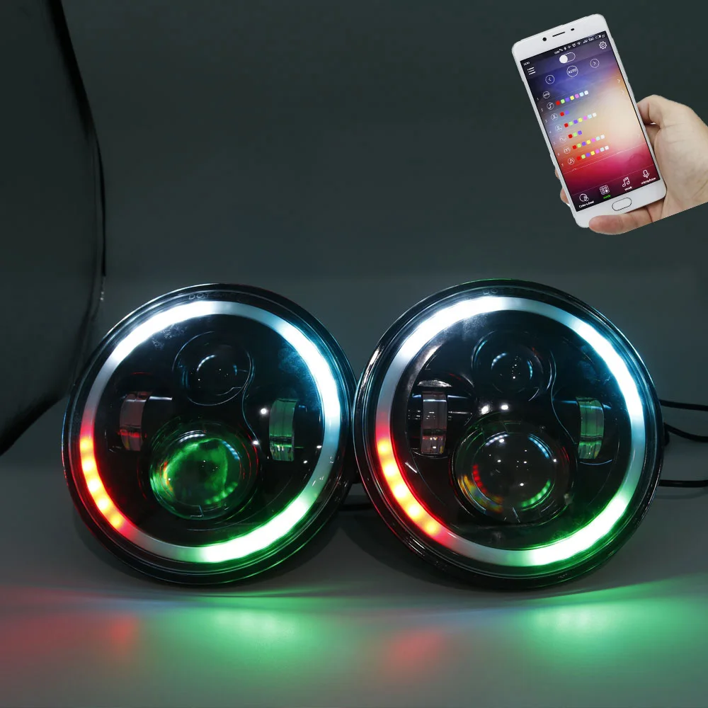 

Black 7" LED Headlight Bulb RGB Halo Angel Eye Bluetooth Remote APP Control for Jeep Wrangler JK LJ CJ Hummer H1 H2 Headlamp