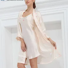 Женский халат, 2 предмета,, Чистое Шелковое Платье, комплект, длинный халат, размер M, L, XL