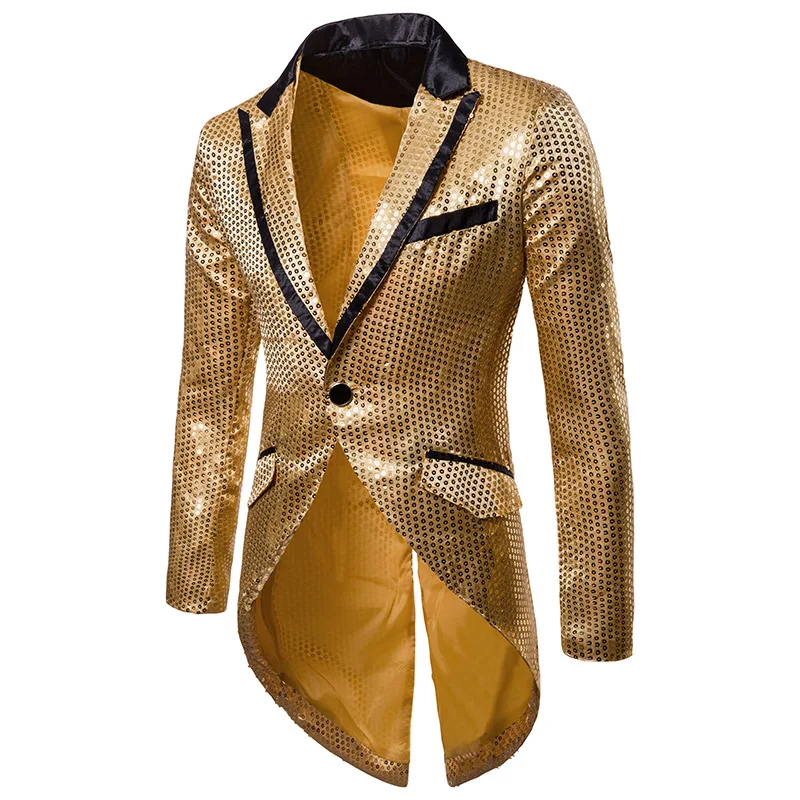 Европейский мужские украшенная сияющими блестками с лацканами смокинг ласточкин хвост пальто куртка, на одной пуговице, F7