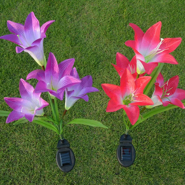 Hot Fashion 1PC Solar Light 4 Heads Solar Lantern LED Decorative Outdoor Lawn Lamp 4 Flower Lily Garden Lamp Solar Flower light