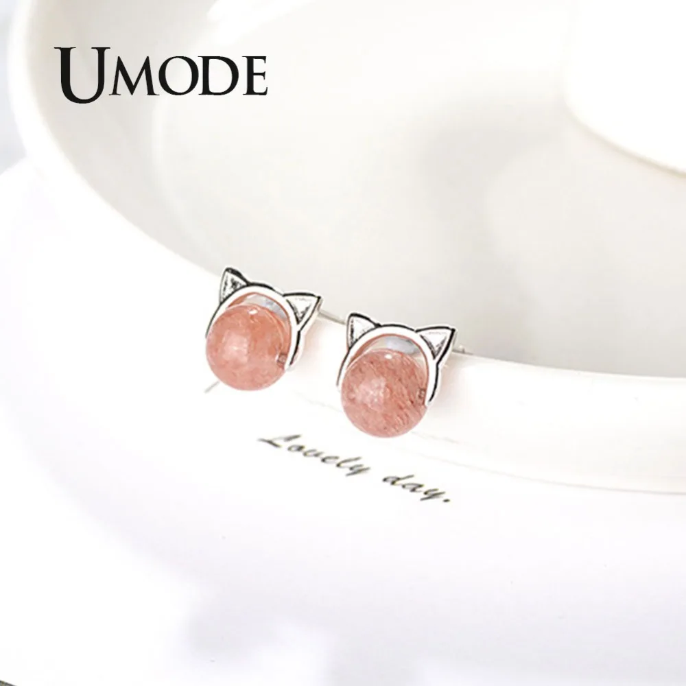 UMODE Korean Small Cute Cat Ear Strawberry Crystal Stud Earrings for Women Fashion Jewelry boucles d oreille femme UE0458