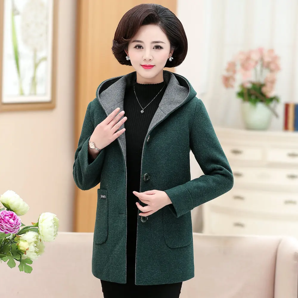 Winter Woman Tweed Hooded Coat Thicken Quilted Overcoat Female Red Green Wool Blends Pea Coats Women Warm Hood Woollen Outerwear