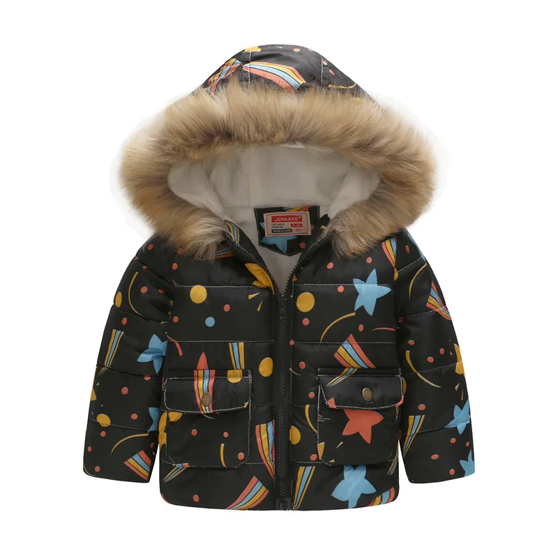 Детская зимняя куртка с меховым воротником, длинная теплая куртка с длинными рукавами, куртка с мультяшным рисунком Для мальчиков и девочек холодной и бархатная куртка с капюшоном