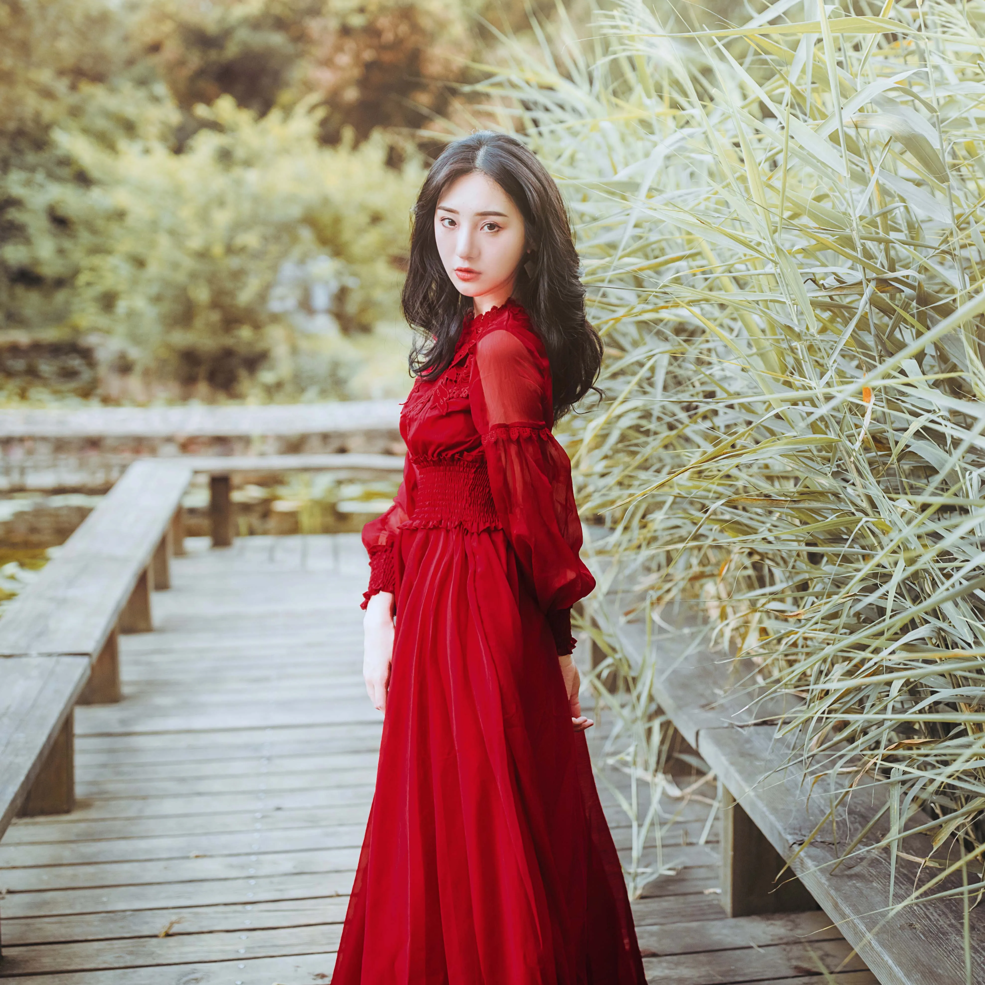 YOSIMI 2018 Autumn Chiffon Long Women Dress Red Female Vestido Stand Neck Long SLeeve Vintage Maxi Empire Dress Ankle-length