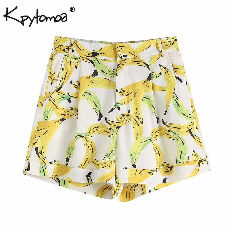 

Vintage Stylish Banana Print Shorts Women 2019 Fashion High Waist Pockets Zipper Fly Elastic Waist Sexy Shorts Pantalones