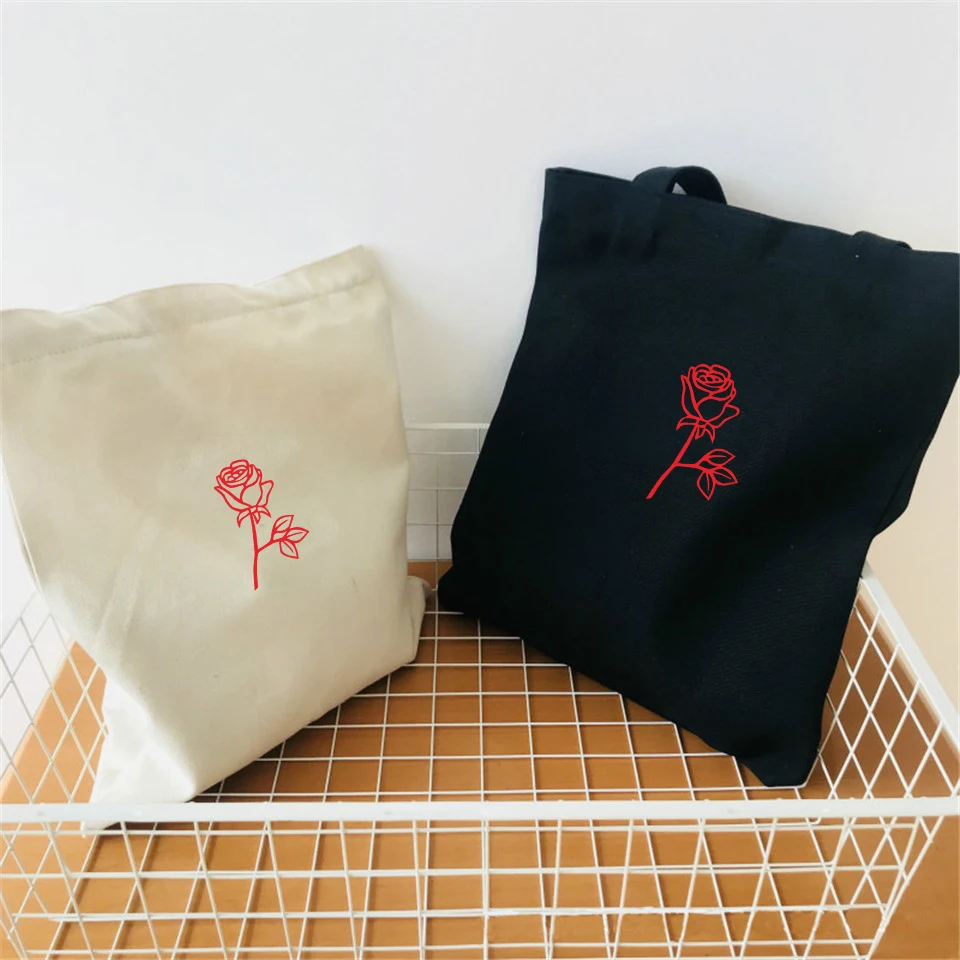 

Canvas Tote Rose Shoulder Bag Red Flower Print White Folding Shopping Bags High Quality Casual Woman Harajuku Shoulder Bag