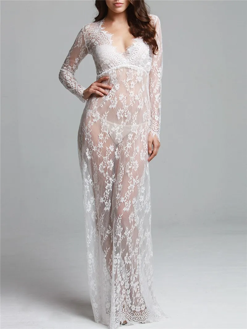 

Summer Women Black White Long Sleeve Princess Nightgown Casual Embroidery Mesh Hollow Out Lace Sleepwear