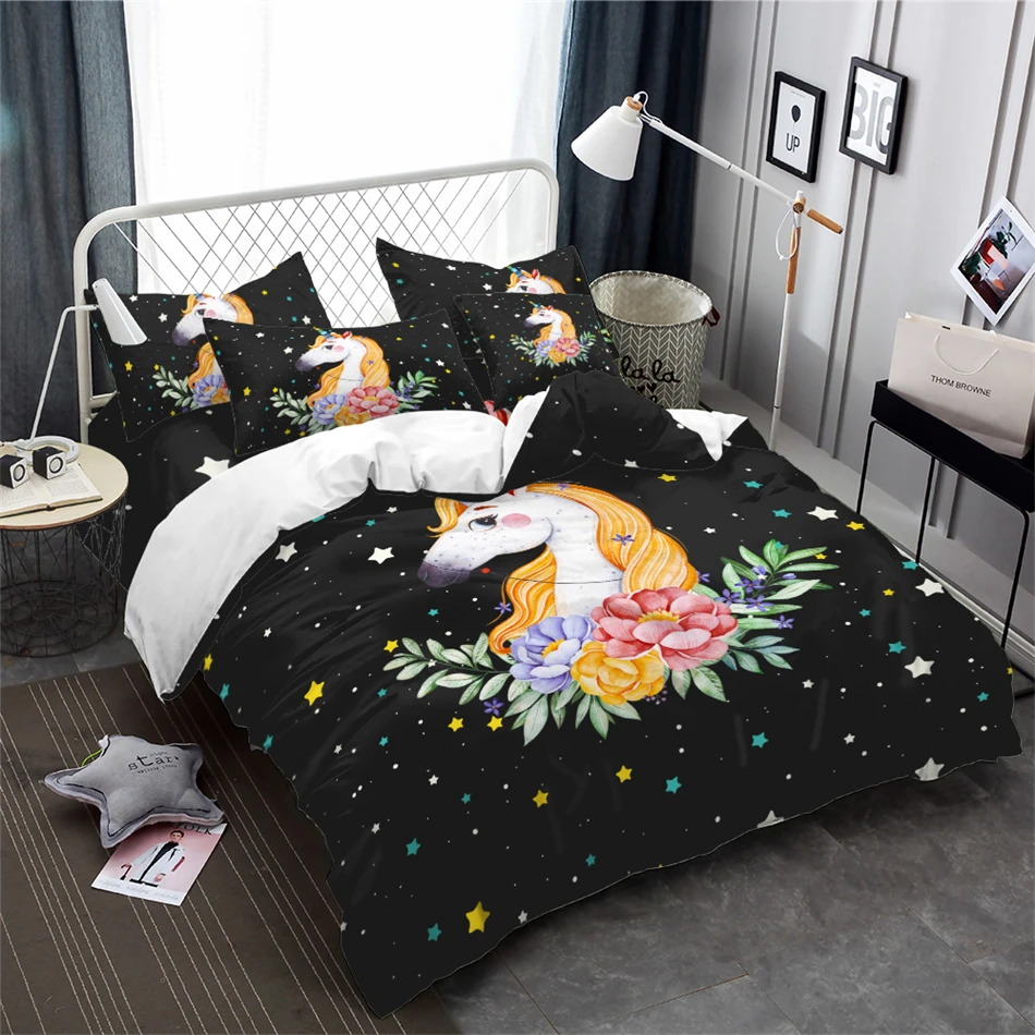 

Dreamlike Cartoon Unicorn Bedding Set Colorful Stars Duvet Cover Set Floral Bedding Girls Sweet Bedclothes Bedroom Decor 3Pcs