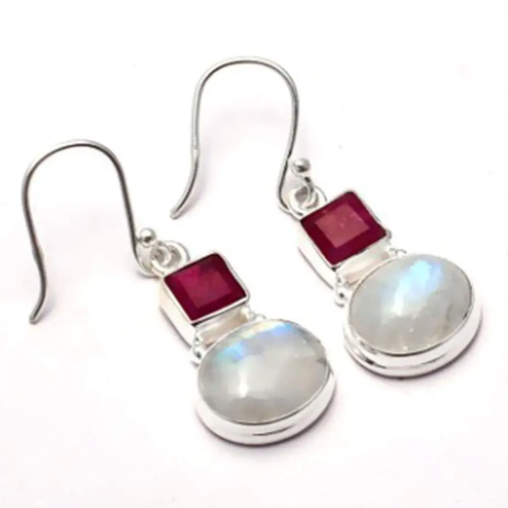 

Genuine Rainbow Moonstone + Ruby EARRINGS 925 Sterling Silver, 37mm, 2SE0123