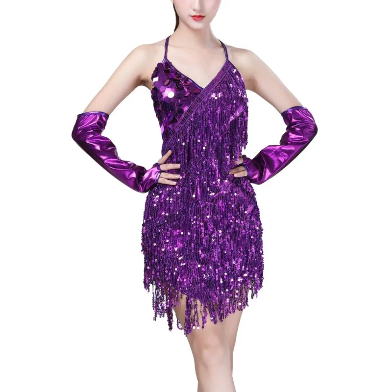 Модель года, Женская Одежда для танцев, костюм для сальсы, комплект из 3 предметов, бальные платья с блестками для девочек - Цвет: Фиолетовый