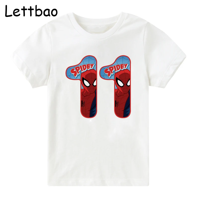 New Fashion Children's Clothes Happy Birthday 2 To 12 Number Summer Cotton White T-shirt for Boy Spider Man Tshirt for Kid