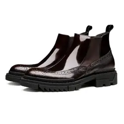 Модные черные/винно-красные туфли на платформе с круглым носком, мужские ботинки «Челси», ботинки из натуральной кожи, сапоги мужские