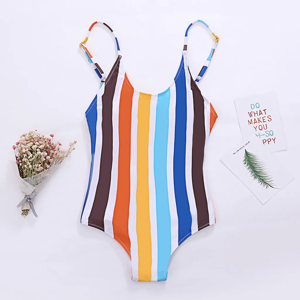 

Women One Piece Swimwear rainbow Striped Swimwear Women Color block Swimsuit Monokini Backless Bathing Suit pink Bikini
