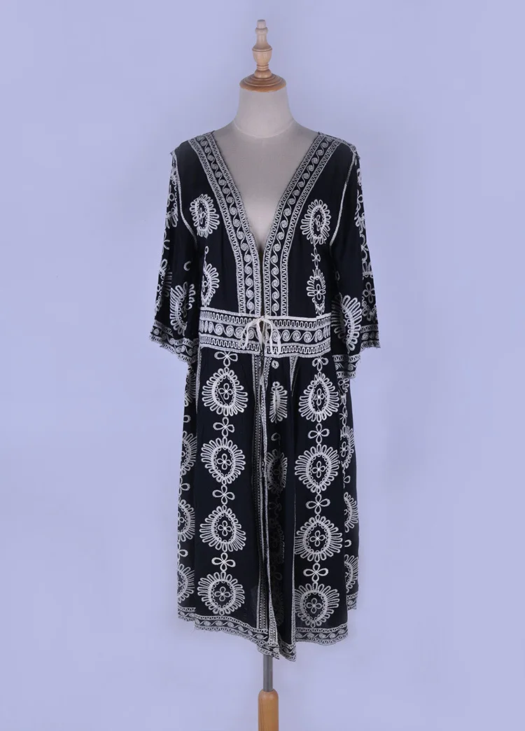 Black Embroidery Cotton Beach Cover up Saida de Praia Beach kaftan Bathing suit Cover ups Vestidos de Playa Beachwear Tunic Black Embroidery Cotton Beach Cover up Saida de Praia Beach kaftan Bathing suit Cover ups Vestidos de Playa Beachwear Tunic