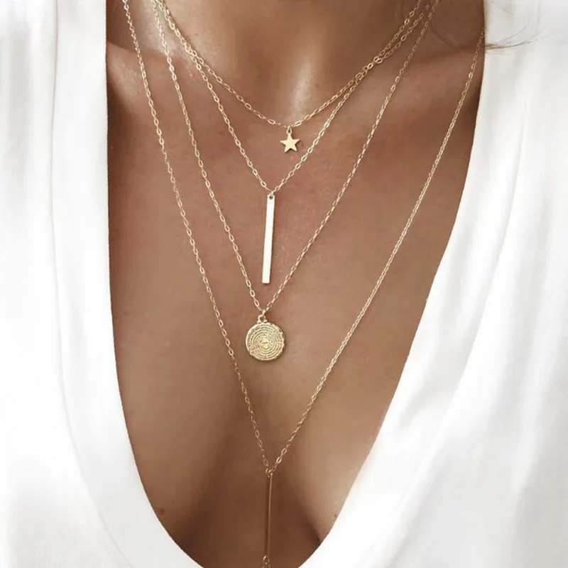 

2019 new five-pointed star long pole pendant multi-layer necklace four-layer combination set chain jewelry 5.0