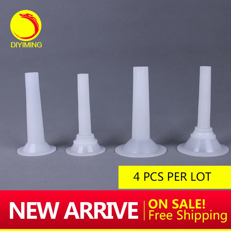

totally 4 pieces meat funnel for home do sausage casing ,5# 2 pieces ,10# 2 pieces plastic tube for meat ,sausage casing tool,