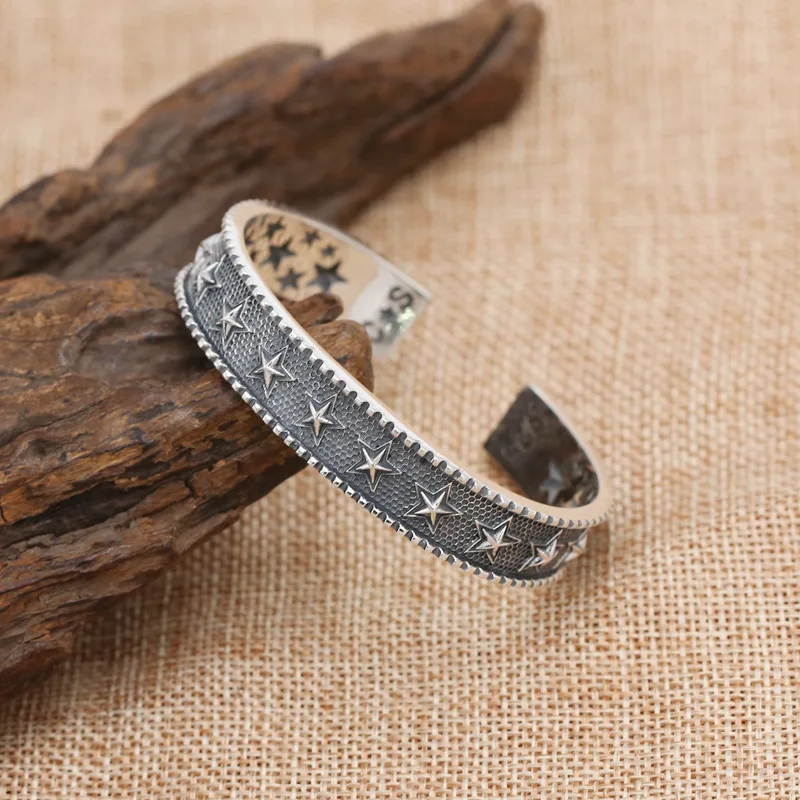 

Factory Wholesale S925 Sterling Silver Retro Thai Silver Punk Fashion Trend Cody Five-pointed Star Men's Open Ended Bangle