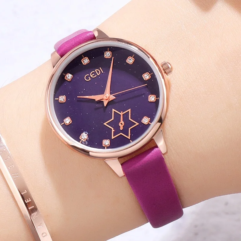 

Fashion Diamond Purple Dial Ladies Watch Personality Green Leather Strap Quartz Women's Watch gift for women relojes para mujer