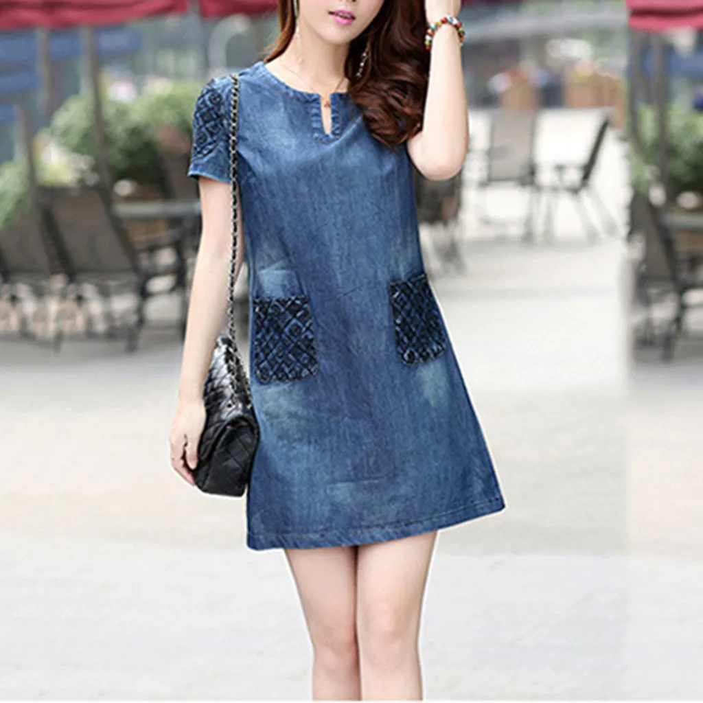 

2019 Women Dress Summer Denim Casual Elegant Cowboy Section Jeans Dress With Pockets Short Sleeve O Neck Dress vestidos verano