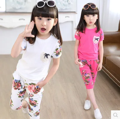 

Kids girls short-sleeved suit 2017 new summer children's cotton casual T-shirt big virgin piece shorts girl clothes 3-15 years 2