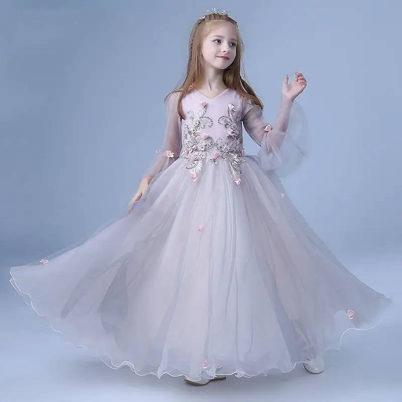 

New Kids Girls Long Tulle Embroidered Party Dress Children Elegant Vestidos Teenage Girls Mesh pleated Princess Wedding Down Q53