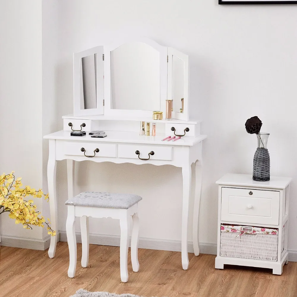 

Giantex Vanity Set Makeup Dressing Table Tri Folding Mirror Black Stool 4 Drawers Home Furniture HW59006
