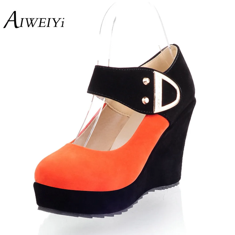 

AIWEIYi Womens High Heels Closed Round Toe High Heel Shoes Platform Flock Pumps Buckle Strap Ladies Wedding Shoes Size 34-43