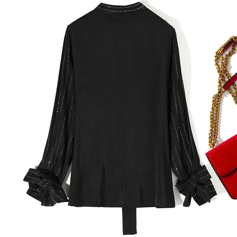 Black Stand Printemps D'été À Femmes white Haut Z159 Diamant Chic Bureau Blouse Conception Casual Couleur Arc 2019 Manches Mode Solide Cou Longues PZukiOX