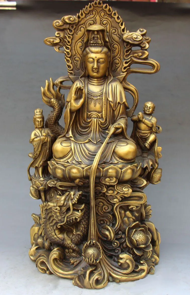 

Chinese Pure Bronze Kwan-yin Guan Yin Goddess Hold Vase 2 Tongzi Dragon Statue