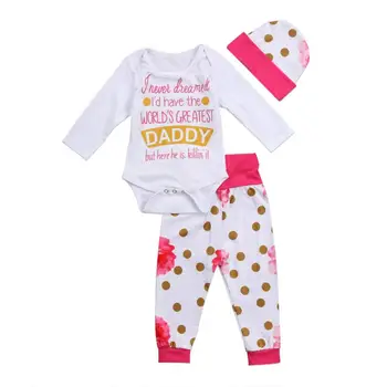 

Cute Newborn Infant Baby Girls Letter Romper Tops+Flowers Pants Cap Outfits Set l9222