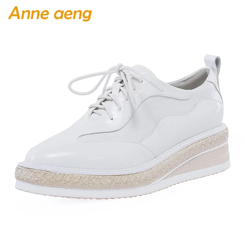 

2019 Spring/Autumn Genuine Leather Women Pumps Middle Wedge Heel Lace-Up Fashion Casual Women Platform Shoes White Female Pumps