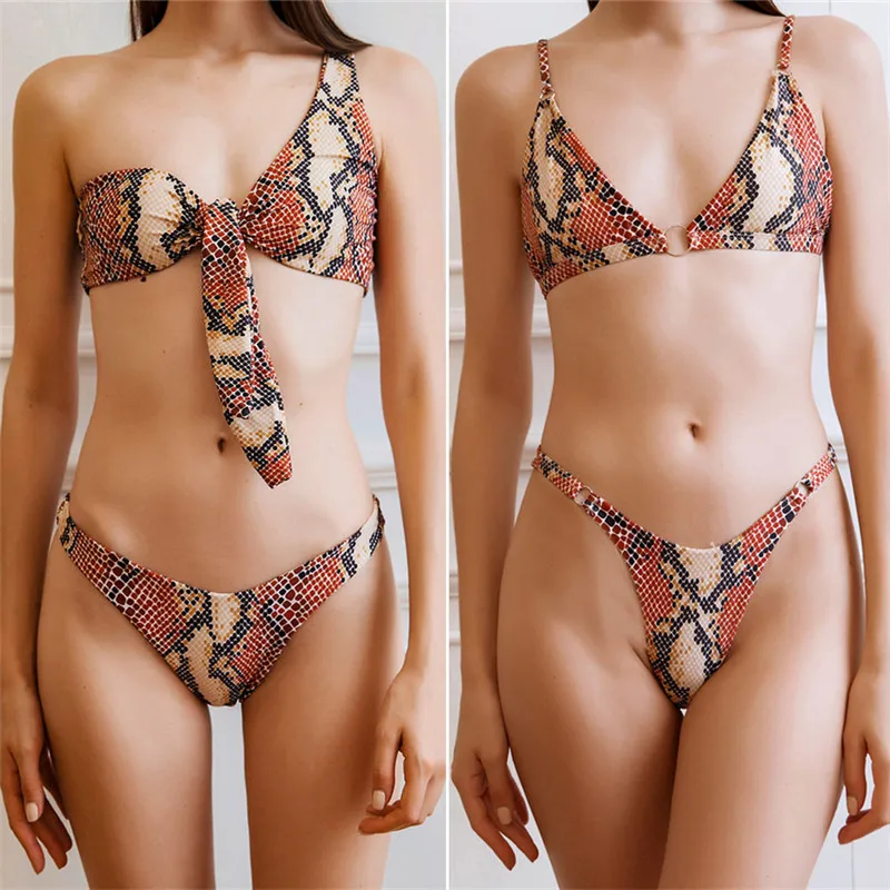 

2019 Snake Pattern Bikini New Print Swimsuit Ladies Chest Knotted Swimsuit Single Sexy Bikini Sets Halter Beachwear