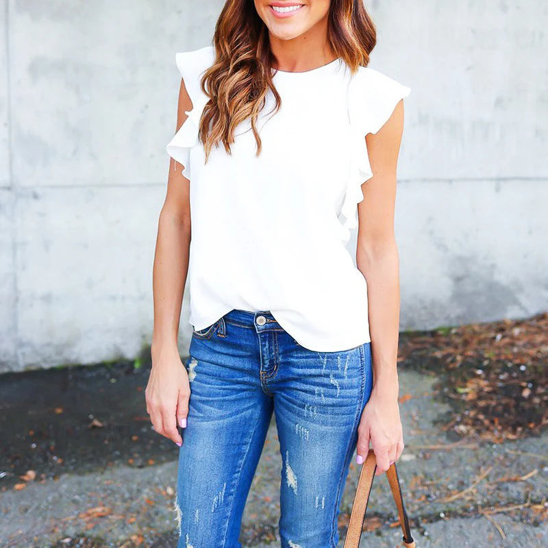 New Womens Tops Fashion 2018 Women Summer Chiffon Blouse Plus Size Ruffle Batwing Short Sleeve Casual Shirt Black White Red Blue Blouses