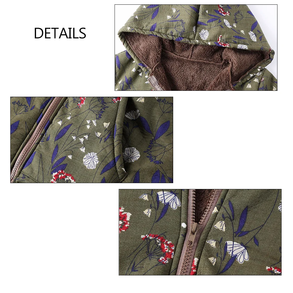 5XL Big Size Floral Printed Jacket Women Vintage Plush Hooded Zipper Long Sleeve Coat Winter Autumn Womens Jackets And Coats