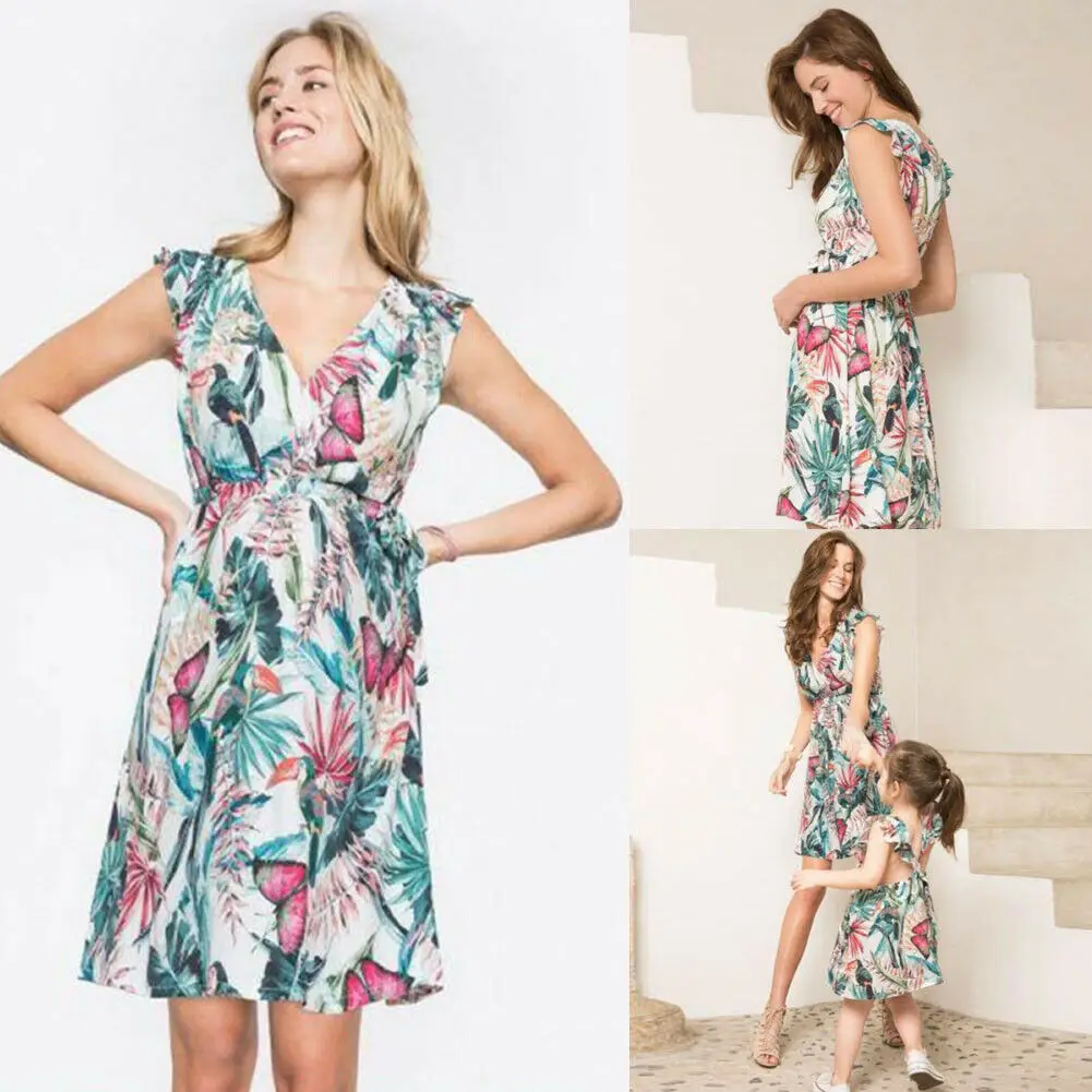 

IMCUTE Family Floral Matching Clothes Mother and Daughter V-neck Backless Short Dresses