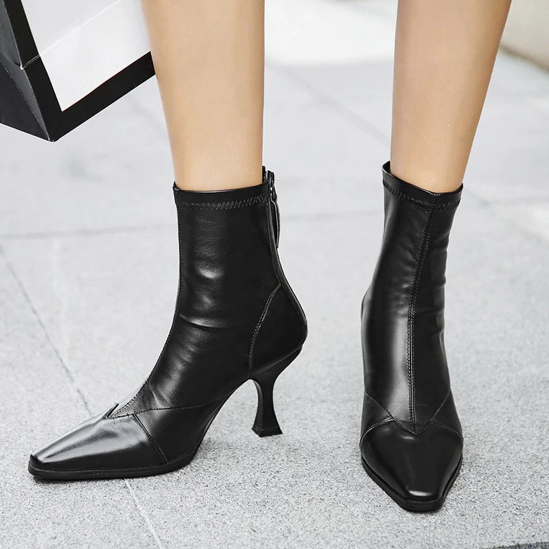 

XiuNingYan 2019 Women Ankle Boots Genuine Leather Stretch Boots Pointed Toe Thin Heels Sexy Boots Ladies Winter Shoes Woman
