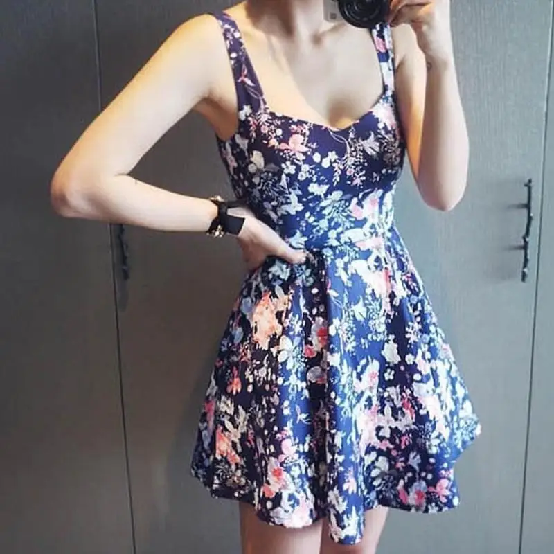 Women sexy summer high waist floral spaghetti strap low cut mini dress summer dress 2018in