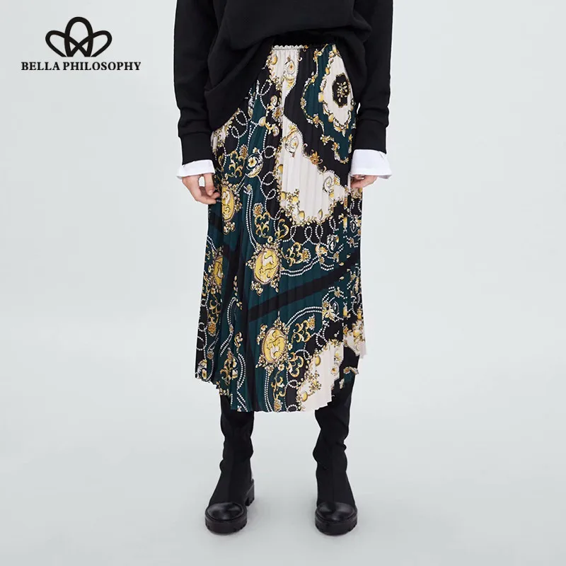 Wonder/Новинка года; винтажная плиссированная юбка миди с цветочным узором и цепочками; уличная одежда с эластичной резинкой на талии; повседневные юбки; Faldas Mujer