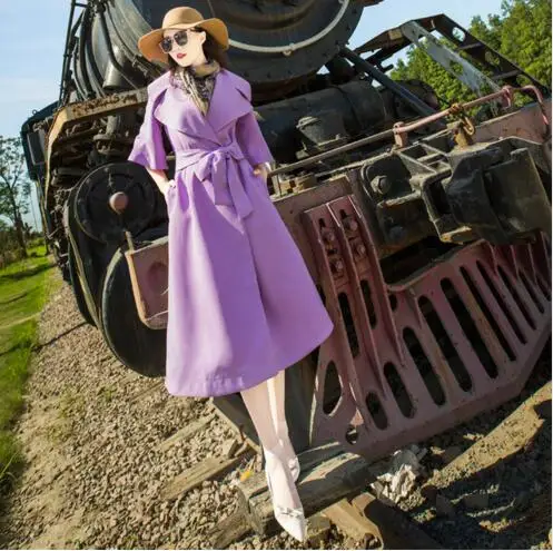 

2017 New Women Trenchcoat Spring Autumn Purple Outwear Medium-long Windbreaker 3/4 Flare Sleeve Female Trench