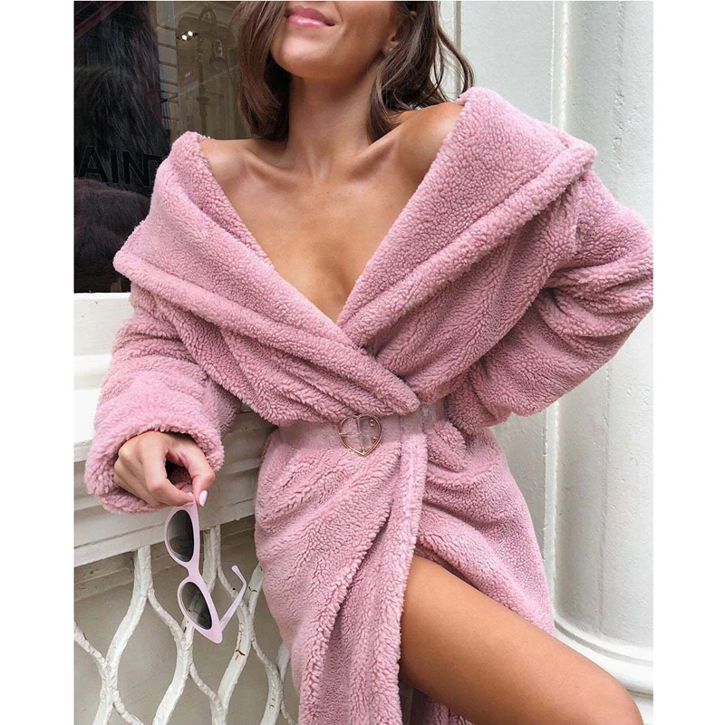 Kopen Nagodo Roze Faux Bontjas 2018 Herfst Winter Mode Slanke Bont Pluche Jas Vrouwen Sexy V hals Lange Wollen Jas Riem harige Jas S XL