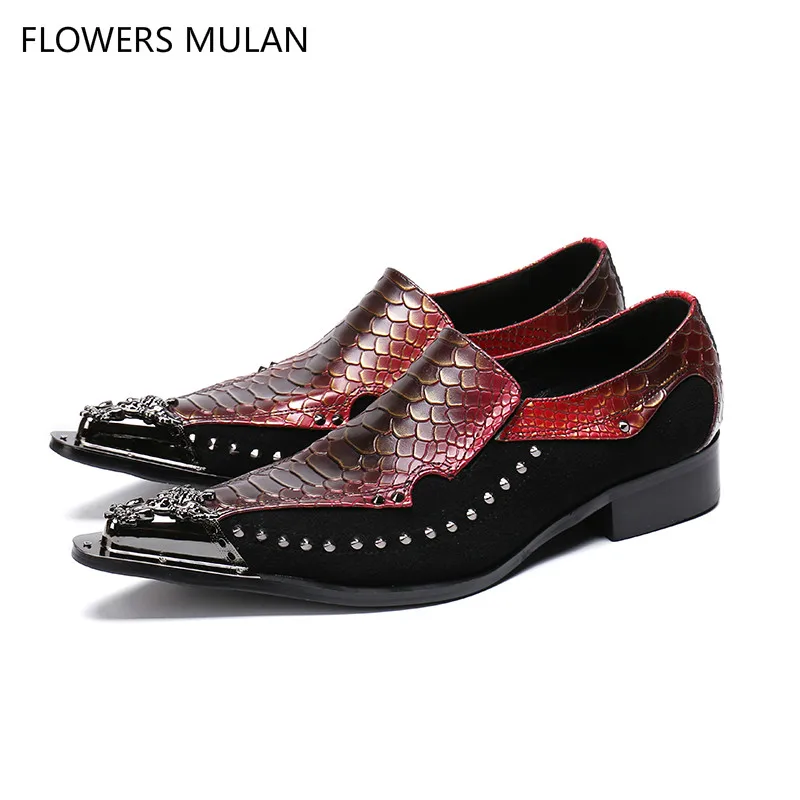 

New Men 2018 Patchwork Black Suede Red Leather Upper Casual Shoes Metal Pointed Toe Slip On Dress Shoes Side Rivets Chunky Heel